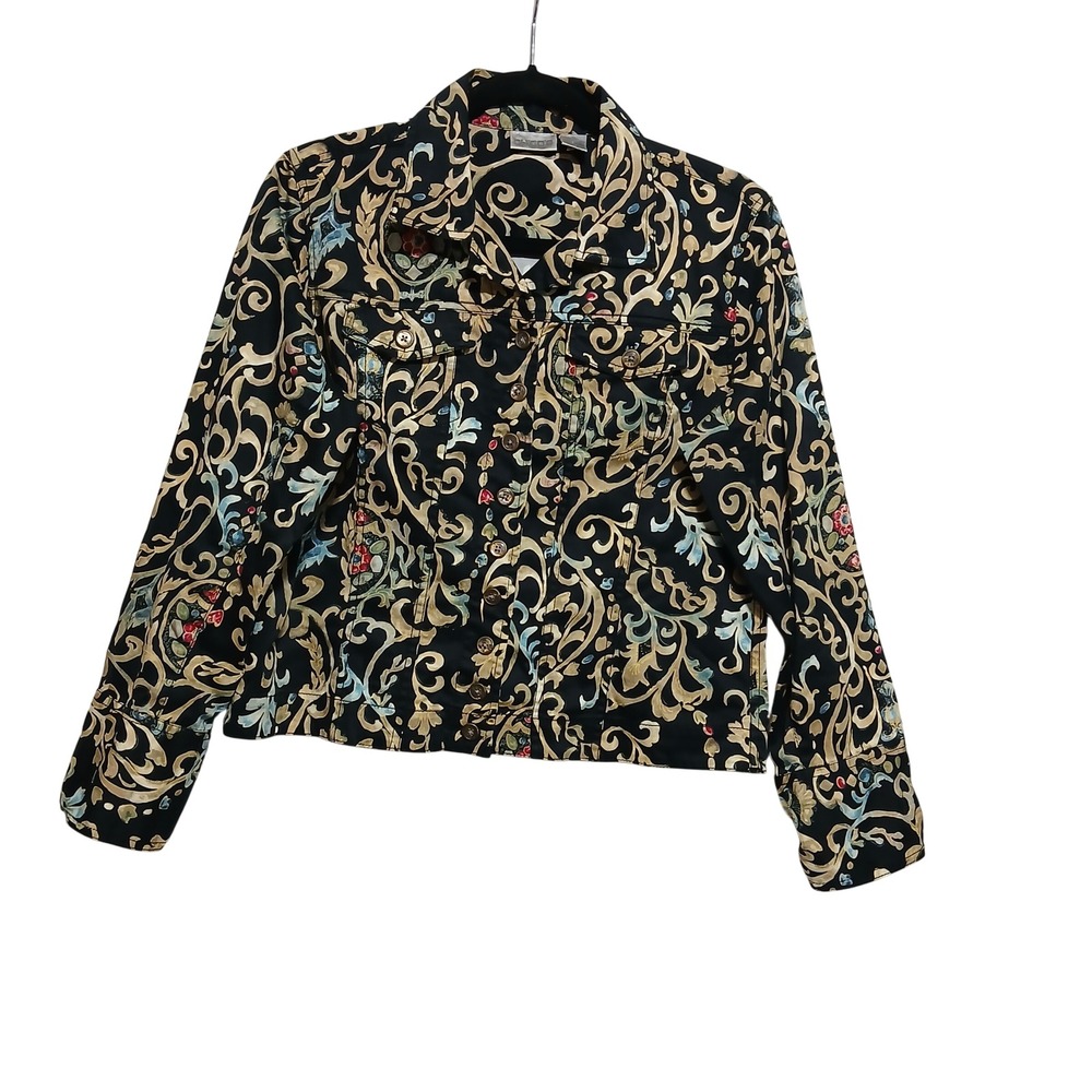 Chico's Women's Jacket Size 1 Floral Paisley Button Up‎ Cotton Blend